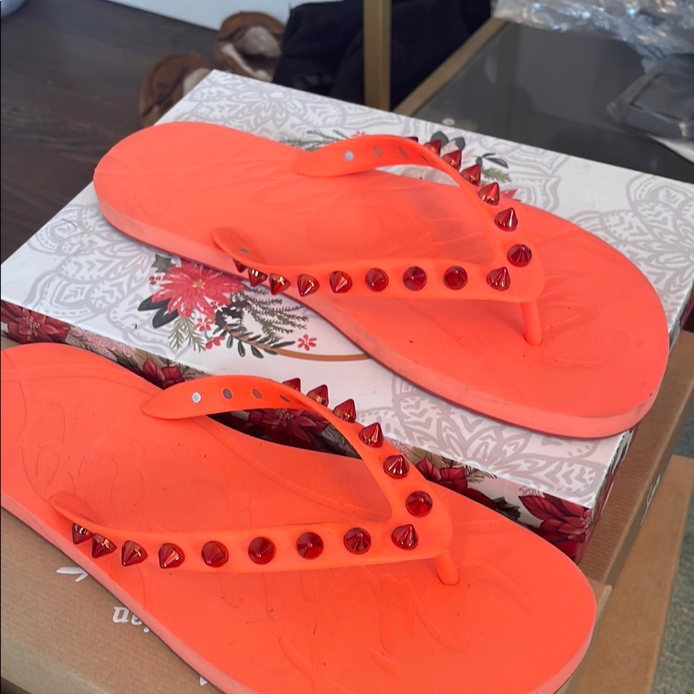 Christian Louboutin Orange Red Studded Sandals